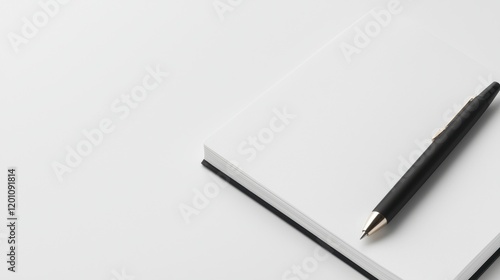 Open notebook with a black pen resting on top of it. the notebook appears to be blank, with no writing or illustrations on the pages. the pen has a gold-colored body and a black cap.