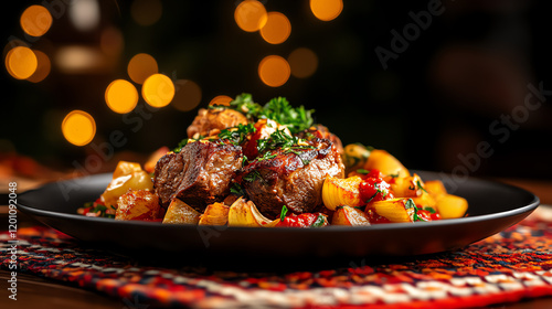 Kyrgyz Kuurdak roasted lamb and onions, plated with rustic nomadic decor and felt textiles, [Central Asian soul food, heritage cuisine] photo