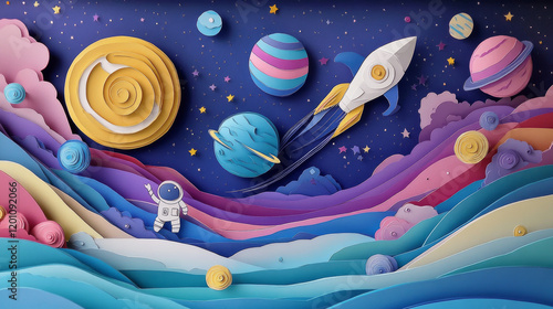 Fototapeta Naklejka Na Ścianę i Meble -  Space paper cut banner with kid astronaut, alien and UFO in starry galaxy. Vector funny spacemen characters with cartoon space planets, rocket, comets and stars in 3d papercut frame with wavy layers