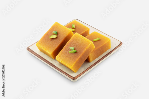 Mysore pak, a traditional, popular, and delicious sweet dish native to the city of Mysore, Karnataka, India, is made from ingredients like gram flour, ghee and sugar, on a ceramic plate.