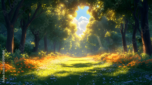 Sunlit Forest Path With Orange And Blue Flowers