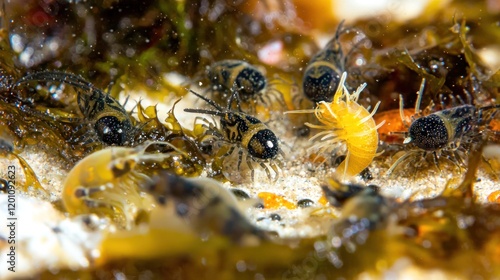 A close-up of small aquatic creatures in a sandy environment.