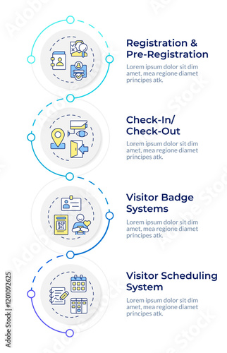 Visitors management infographic design template. Badge systems, software technology. Data visualization 4 options. Process vertical flow chart. Montserrat SemiBold, Lato Regular fonts used