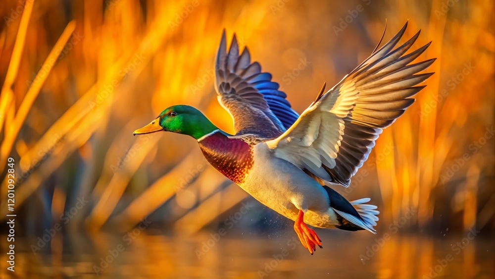 Obraz premium Flying Mallard Duck in Flight, Copy Space, Wildlife Photography