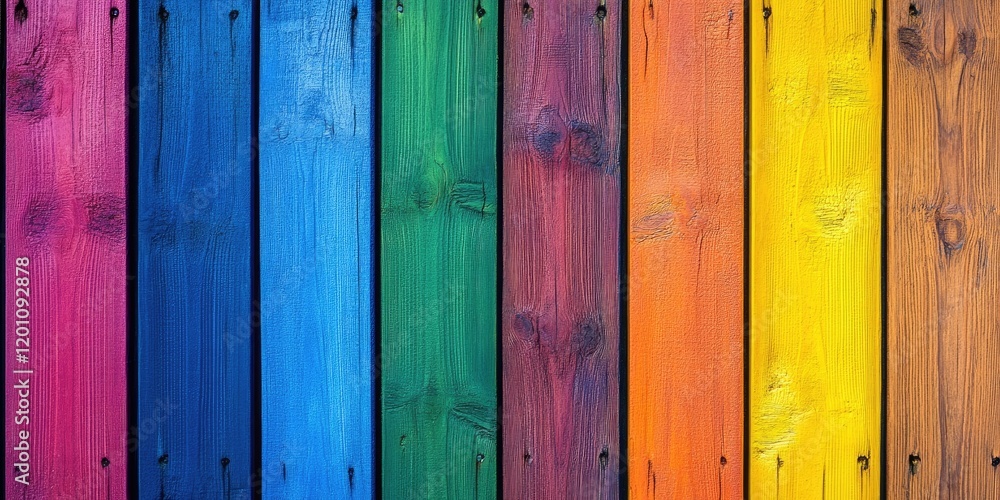 Multicolored wooden planks in vertical stripes create a vibrant textured background with ample space for text showcasing rainbow and LGBT themes