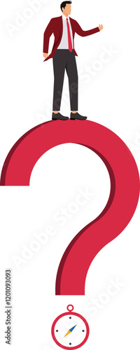 Open ended question, asking questions to encourage new idea, guidance for solution or solving problem, decision to reply or answer concept, businessman with question mark compass guidance for answer