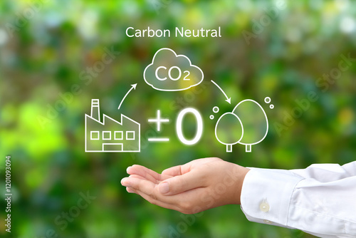 カーボンニュートラルを図解したイメージイラストを掲げる子供の手