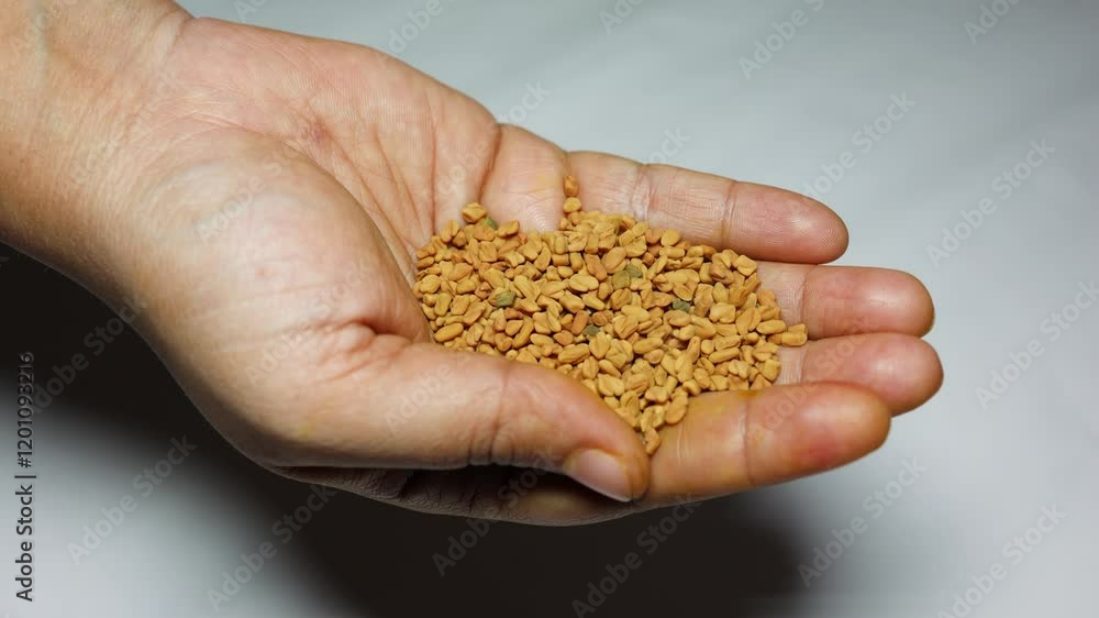 fresh raw fenugreek seeds in palm with withe background studio shot fresh raw fenugreek seeds in palm with withe background studio shot