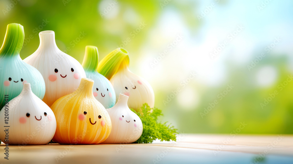 Happy Cartoon Garlic and Onion Characters with Smiling Faces on a Bright Background Happy Cartoon Garlic and Onion Characters with Smiling Faces on a Bright Background