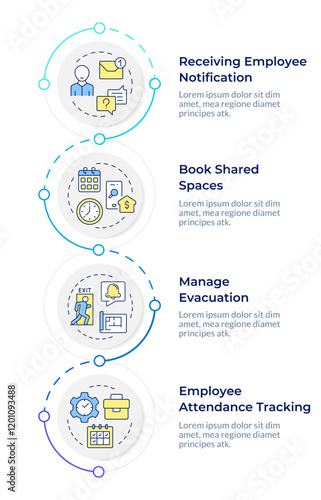 VMS software features infographic design template. Employees safety, emergency security. Data visualization 4 options. Process vertical flow chart. Montserrat SemiBold, Lato Regular fonts used photo