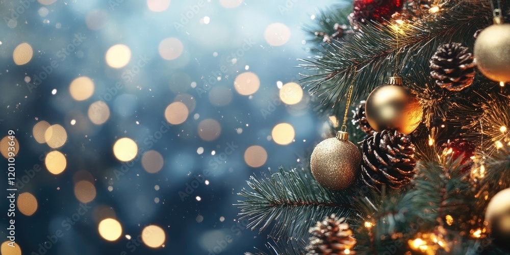 Festive Christmas tree adorned with golden ornaments and pine cones, softly lit by twinkling lights against a blurred blue background Festive Christmas tree adorned with golden ornaments and pine cones, softly lit by twinkling lights against a blurred blue background