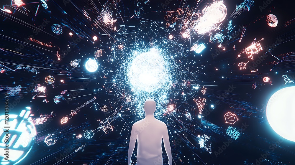 Thinking. A person's head is surrounded by a cloud of symbols and icons Thinking. A person's head is surrounded by a cloud of symbols and icons