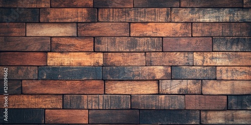 Wooden wall texture with a rich brown color palette featuring staggered planks and an empty space for text with a subtle brick banner effect. photo