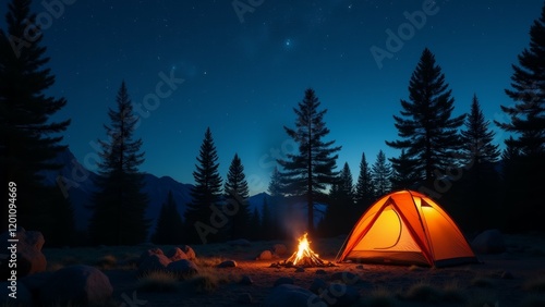 The image shows a camping scene at night. The sky is dark blue with stars twinkling in the background. photo