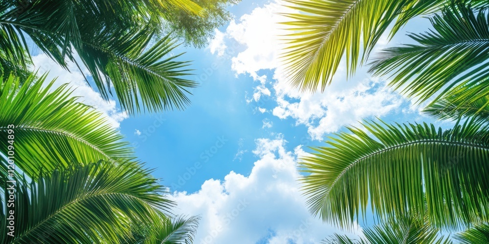 Fototapeta premium Lush green coconut tree leaves frame a vibrant blue sky with fluffy white clouds under bright summer sunlight ideal for serene backgrounds and wallpapers