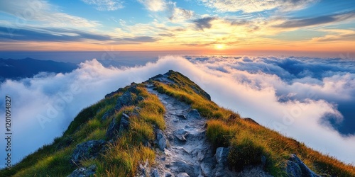 Scenic mountain trail at sunrise above clouds with grassy rocks leading to peak under vibrant sky hues of orange and blue