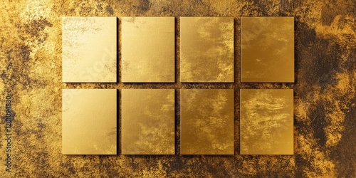 Elegant mockup of eight blank business cards arranged in two rows against a textured golden backdrop with a luxurious shine and depth photo