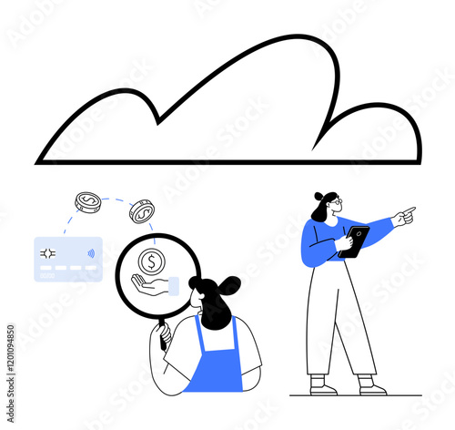 Woman standing with tablet pointing at cloud, another woman examining dollar sign under magnifying glass, credit card icon. Ideal for digital banking, cloud technology, finance, data analysis