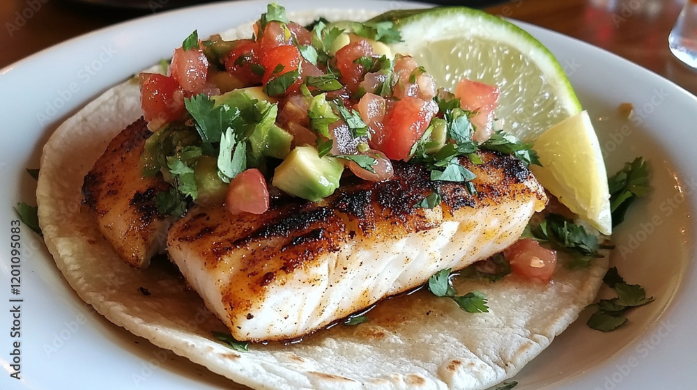 Mouthwatering Fresh Fish Taco: Cilantro, Avocado, Homemade Salsa eat food meal lime menu lunch lemon Mouthwatering Fresh Fish Taco: Cilantro, Avocado, Homemade Salsa eat food meal lime menu lunch lemon