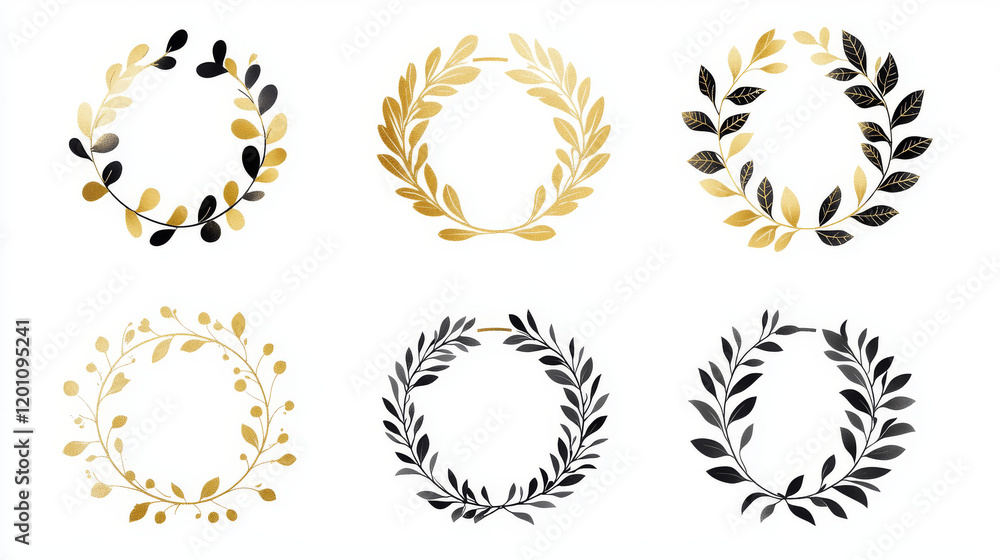Heraldic set of circular foliate and laurel wreaths in black and gold with various designs suitable for documents, awards or heraldry Heraldic set of circular foliate and laurel wreaths in black and gold with various designs suitable for documents, awards or heraldry