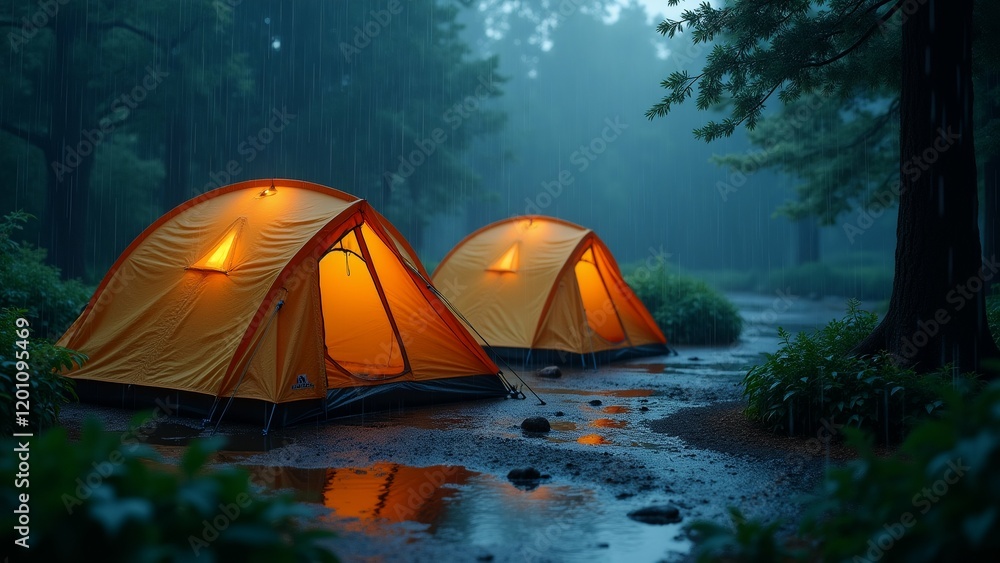 The image shows two orange tents set up in a forest. The tents are facing each other and are positioned in the middle of a stream. The image shows two orange tents set up in a forest. The tents are facing each other and are positioned in the middle of a stream.