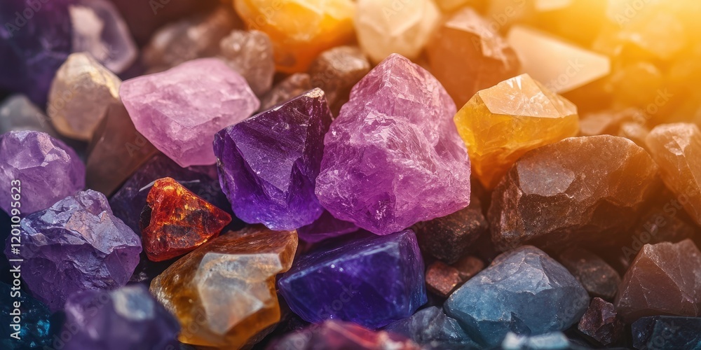 Vibrant assortment of mineral stones featuring purple, orange, and blue hues with soft focus on foreground and bright light in the background Vibrant assortment of mineral stones featuring purple, orange, and blue hues with soft focus on foreground and bright light in the background