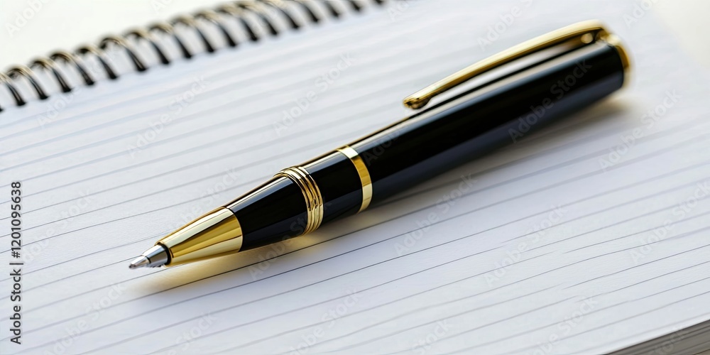 Elegant black pen and spiral notebook on a clean white surface featuring lined pages, ideal for professional note-taking and idea organization. Elegant black pen and spiral notebook on a clean white surface featuring lined pages, ideal for professional note-taking and idea organization.