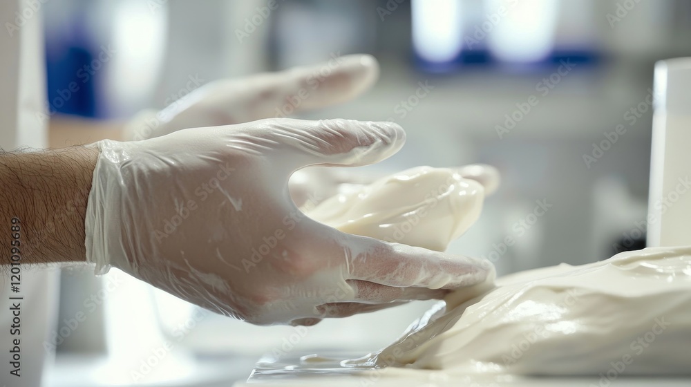 111.A detailed image of a gloved hand delicately spreading a creamy product onto a patient’s skin. The white table and minimalistic indoor setting create a clinical yet approachable atmosphere. 111.A detailed image of a gloved hand delicately spreading a creamy product onto a patient’s skin. The white table and minimalistic indoor setting create a clinical yet approachable atmosphere.