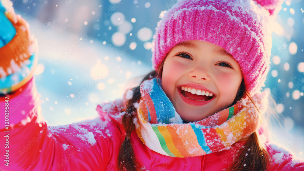 Joyful Child Playing in Snow with Colorful Winter Outfit and Bright Pink Hat Smiling Happily