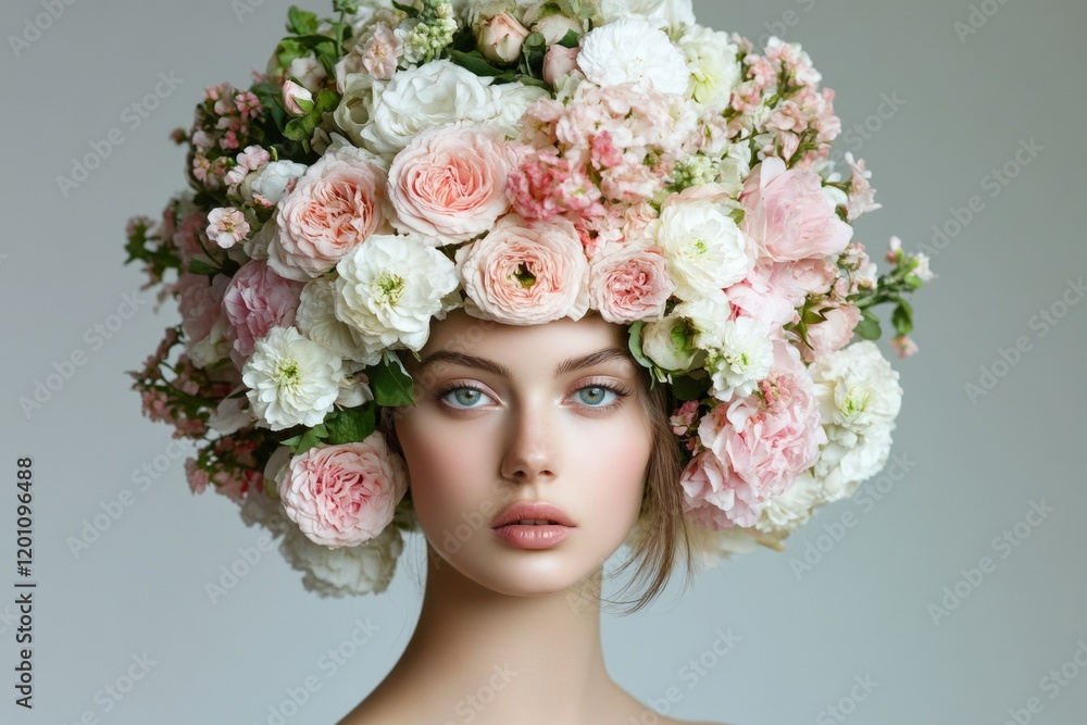 Naklejka premium A model poses gracefully with a lavish headdress made of fresh flowers, featuring soft pastel hues. This enchanting look captures the essence of floral elegance in a studio setting