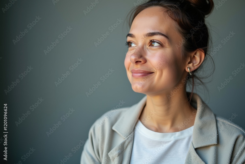 Smiling Woman in Casual Attire Against a Soft Background, Radiating Positivity and Confidence Smiling Woman in Casual Attire Against a Soft Background, Radiating Positivity and Confidence