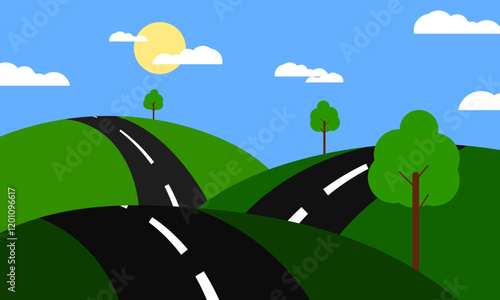 illustration of natural scenery of hills with asphalt roads and sunny weather