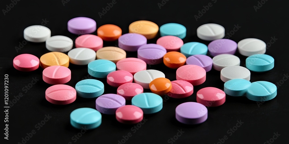 Multicolored oval and round tablets scattered on a black background with shades of pink, purple, orange, blue and white in a vibrant arrangement Multicolored oval and round tablets scattered on a black background with shades of pink, purple, orange, blue and white in a vibrant arrangement