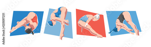 Set of female diving sport. Female athlete character doing spin in the air. Flat vector illustration.