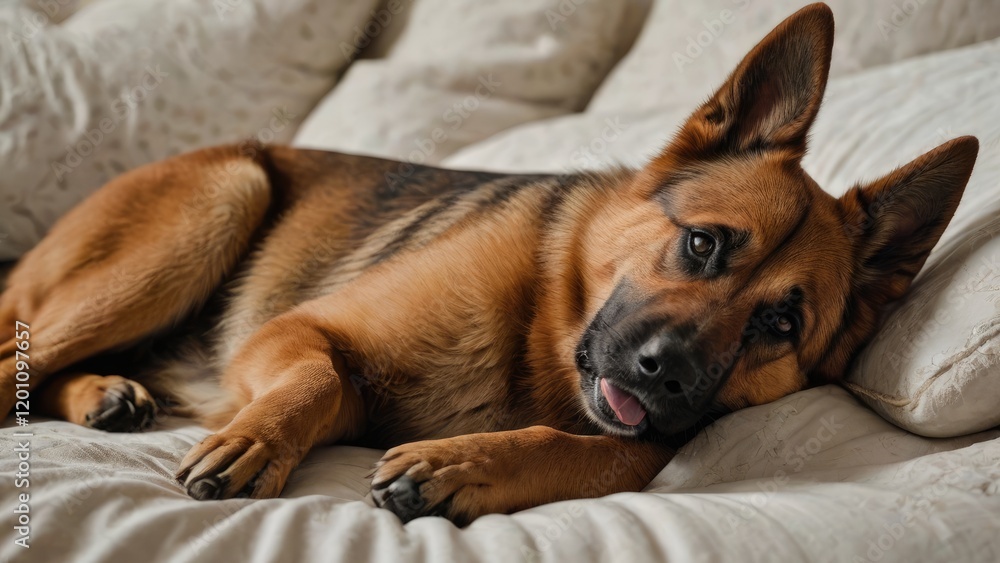 Red and black german shepherd dog lying on bed in the bedroom Red and black german shepherd dog lying on bed in the bedroom