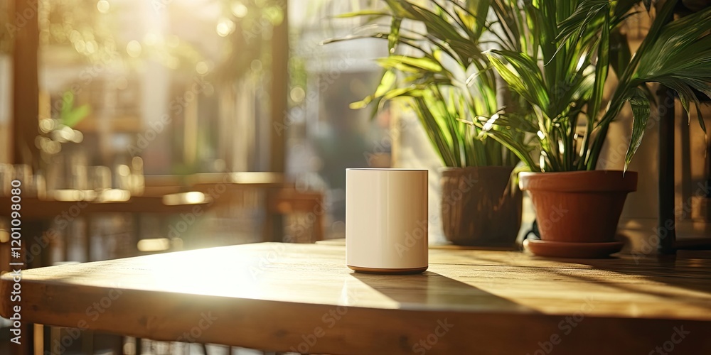 Modern smart speaker on a wooden table with sunlight streaming in, surrounded by green plants, creating a warm and inviting atmosphere. Modern smart speaker on a wooden table with sunlight streaming in, surrounded by green plants, creating a warm and inviting atmosphere.