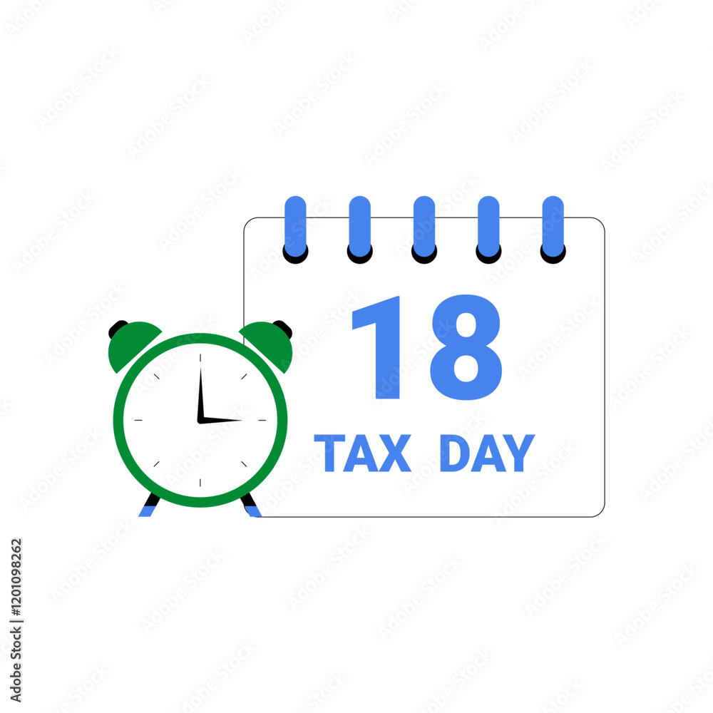Calendar Marked As Tax Day With Alarm Clock In Flat Vector Illustration Symbolizing Tax Deadline, Financial Planning, And Taxation, Isolated On White Background. Calendar Marked As Tax Day With Alarm Clock In Flat Vector Illustration Symbolizing Tax Deadline, Financial Planning, And Taxation, Isolated On White Background.