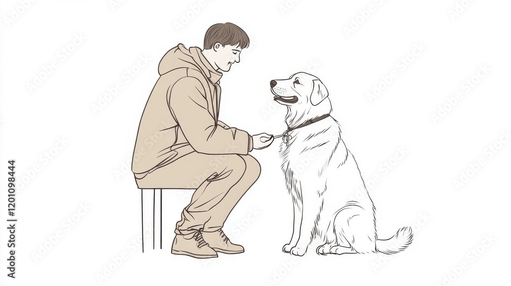 Fototapeta premium Man sitting, training a white dog.