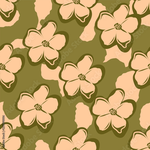 Vector illustration of a beige seamless pattern flower on a green background. Vintage style using natural and simple tones for designing textiles, wallpapers, products, packaging, decorations