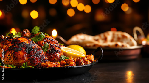 Pakistani Sajji whole roasted chicken, garnished with lemon and naan, styled in a traditional village backdrop, [South Asian barbecue, festive feasts] photo