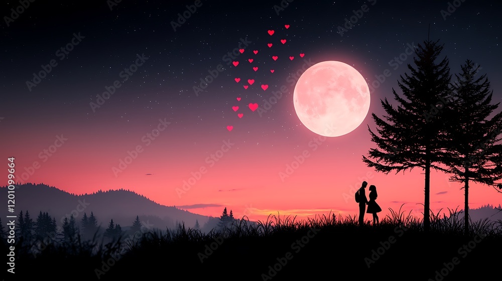 Silhouette of a couple embracing under a large pink moon and a shower of hearts at night Silhouette of a couple embracing under a large pink moon and a shower of hearts at night