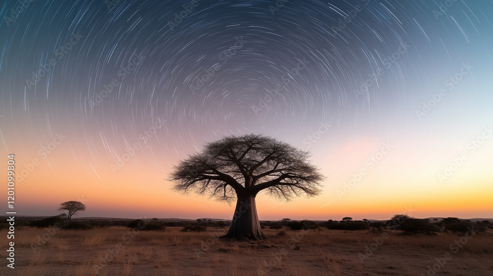 single tree stands serenely in field at night while star trails are circling around under twilight sky making scenic view single tree stands serenely in field at night while star trails are circling around under twilight sky making scenic view
