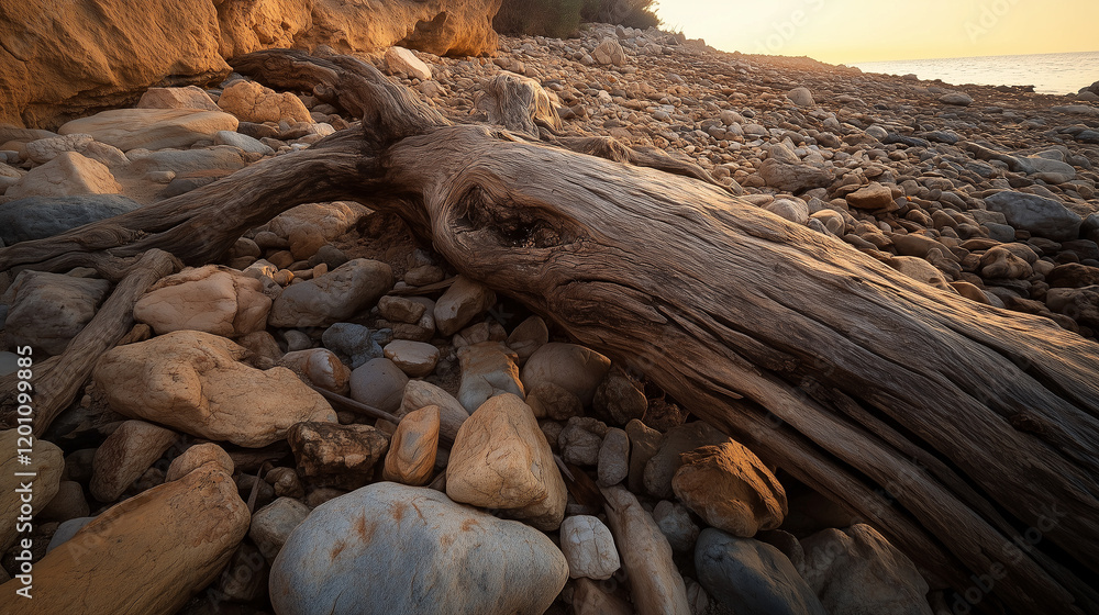 Tree trunk on beach rocks at sunset serene landscape with feeling of calm and natural beauty is present Tree trunk on beach rocks at sunset serene landscape with feeling of calm and natural beauty is present