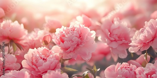 Soft pink peony flowers in full bloom with a blurred pastel background and golden light creating an elegant, tranquil atmosphere and copyspace. photo