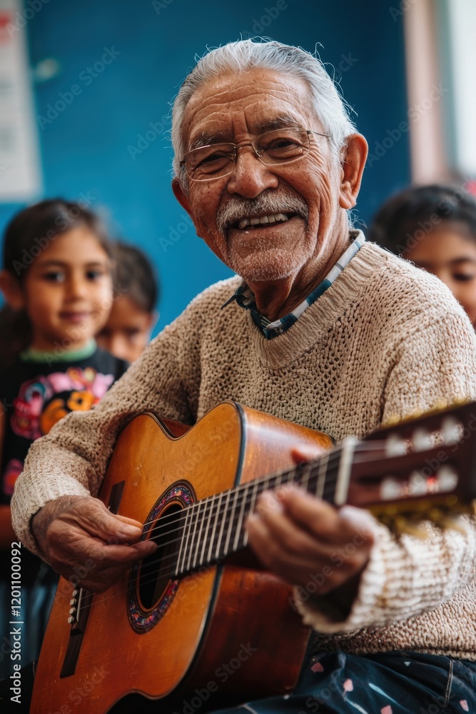 Portrait of an elderly Latina man teaching guitar to a group of children, warm and musical, brightly lit community center, Portrait of an elderly Latina man teaching guitar to a group of children, warm and musical, brightly lit community center,
