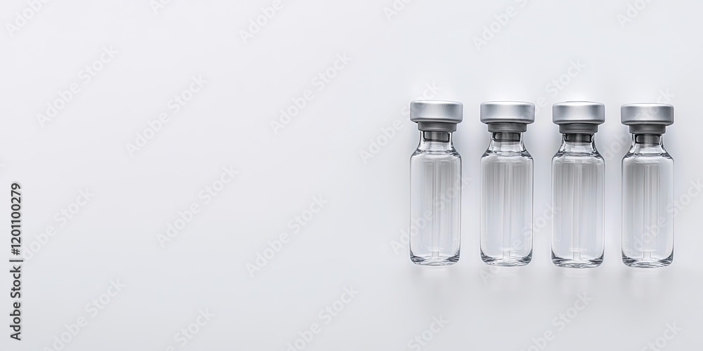 Four transparent medical vaccine vials aligned horizontally on a white background with ample empty space on the left for text or branding. Four transparent medical vaccine vials aligned horizontally on a white background with ample empty space on the left for text or branding.
