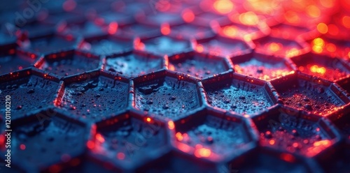 Interlocking hexagonal shapes, vibrant metallic sheen, subtle light diffusion, gradient, science