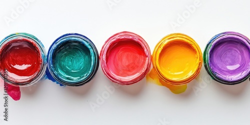 Top view of five containers of multicolored gouache paints arranged horizontally on a white background with ample copy space for design use photo