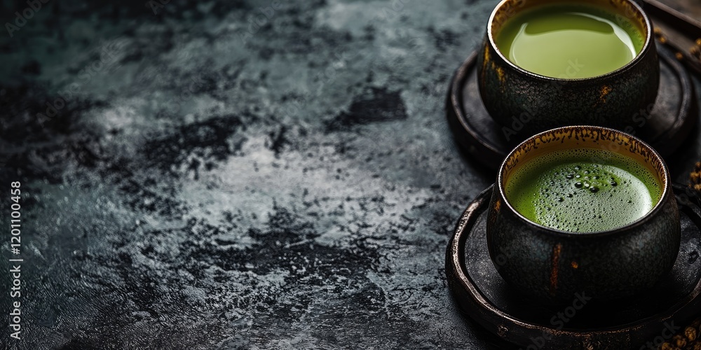Ceramic matcha green tea cups on dark textured surface with selective focus showcasing rich green liquid and chiaroscuro lighting from top view Ceramic matcha green tea cups on dark textured surface with selective focus showcasing rich green liquid and chiaroscuro lighting from top view