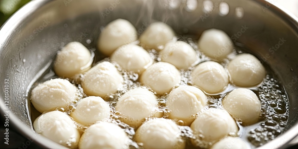 Fresh mini mozzarella cheese balls floating in clear brine, arranged in a stainless steel strainer with bubbles rising to the surface. Fresh mini mozzarella cheese balls floating in clear brine, arranged in a stainless steel strainer with bubbles rising to the surface.